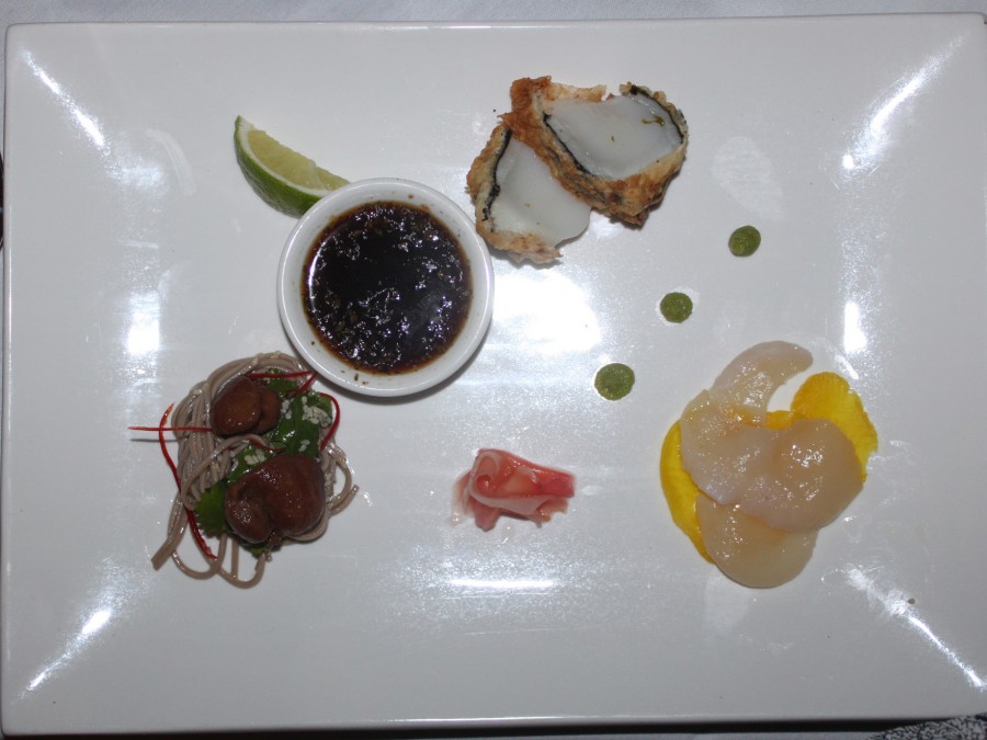 Pearl Taster: Pearl meat delicacies including sashimi of pearl meat with pickled vegetables, pearl meat teriyaki on soba noodles and tempura scallop and pearl meat nori.