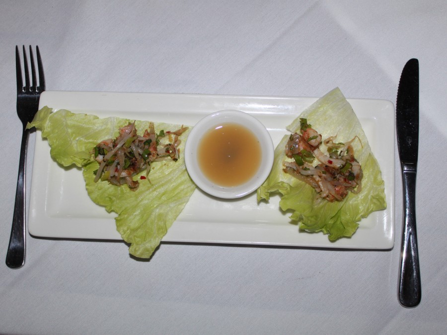 Tach Rau Diep: Pearl Meat and Shark Bay King Prawn in a crisp lettuce parcel with Vietnamese flavours.